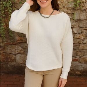 MAEVE Rib Knit Long Sleeve Off-White Tee, S